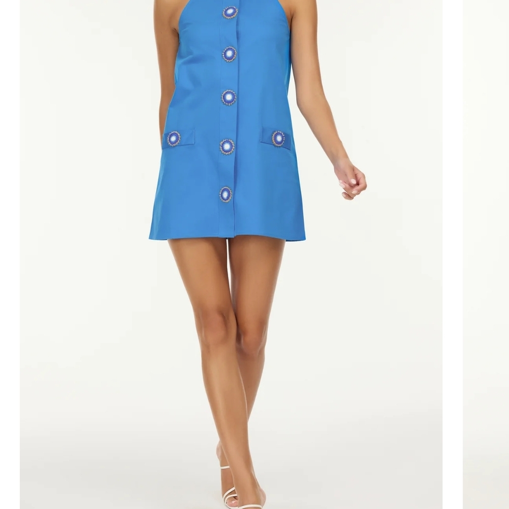 Gold Buttoned Blue Halter Mini Sundress